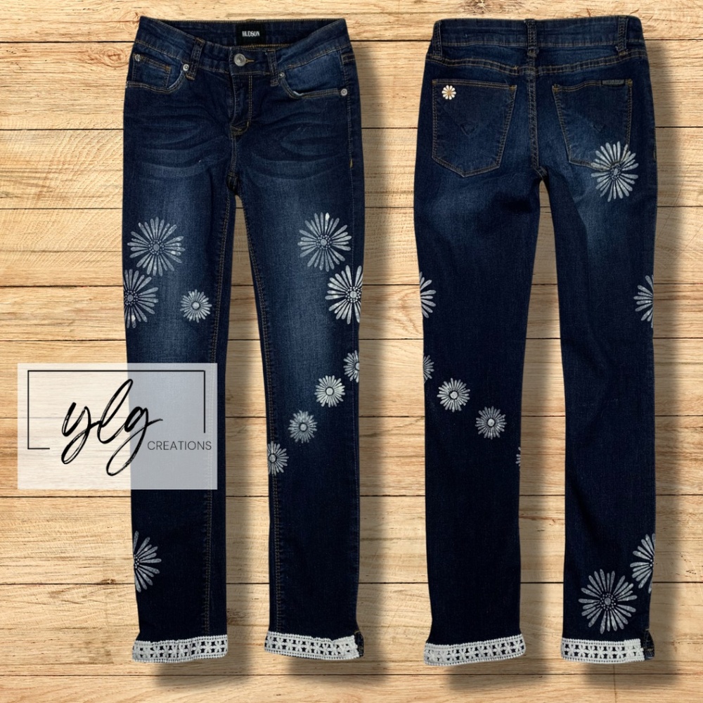 Hudson Skinny Jeans Hand Painted White Daisies Crochet Trimmed Girls 14